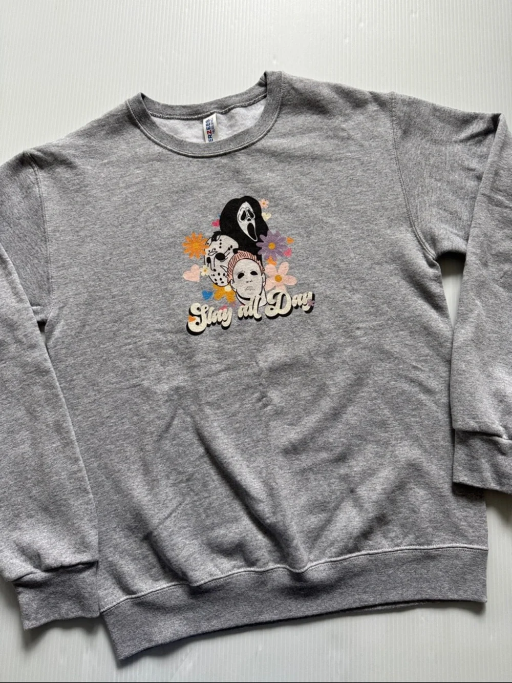 Jerzees Grey Graphic 'Slay All Day' Horror Mask Crewneck Sweatshirt.  Size small